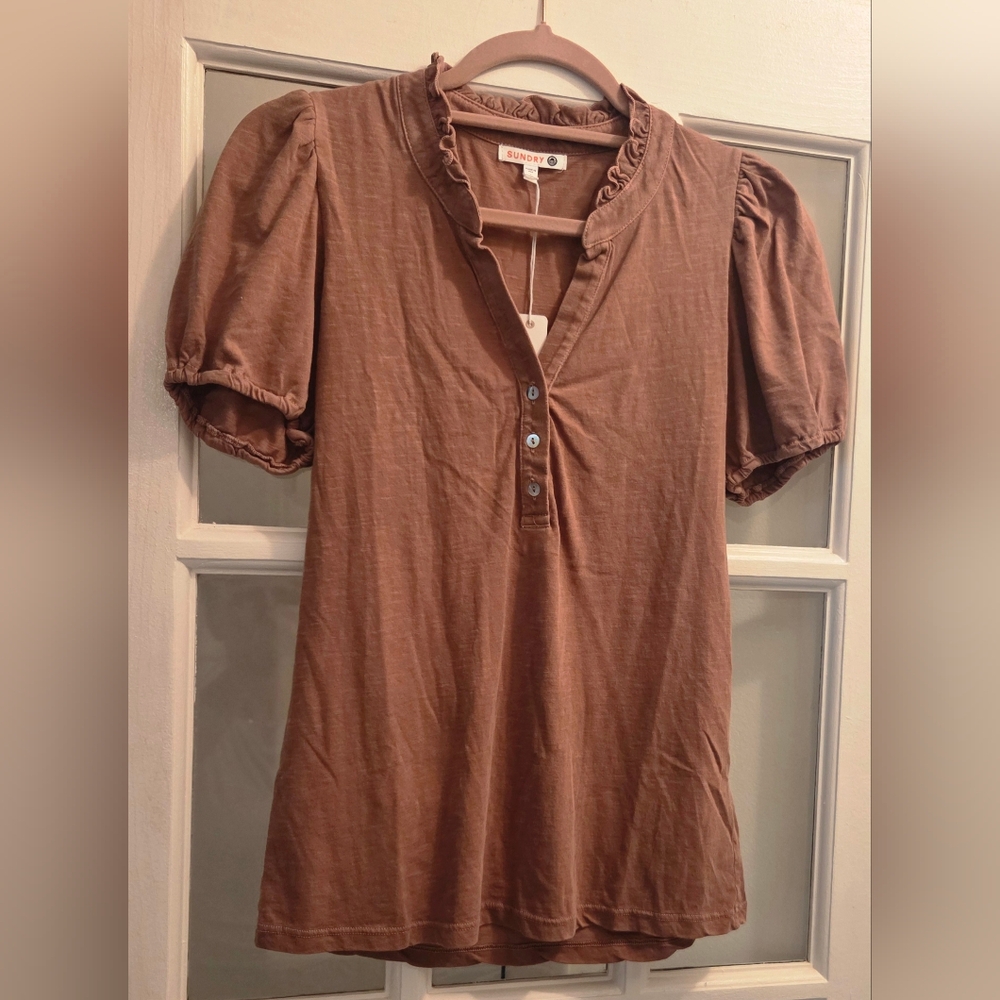 Sundry By "Anthropologie" Puff Sleeve & Ruffled Neckline- LIGHT BROWN! - Picture 3 of 7